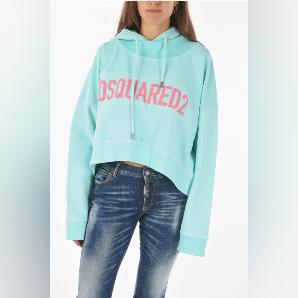 DSQUARED Hoodie Sweatshirt Logo Print LARGE Blue Pink NWT